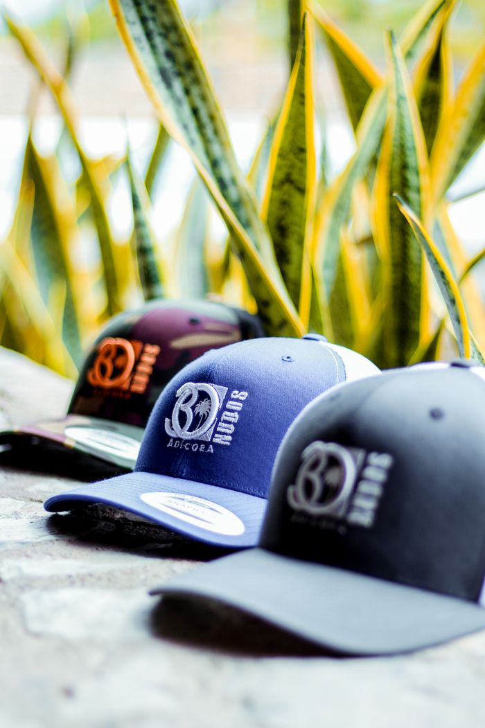 Home Three stylish baseball caps displayed against a backdrop of green plants, creating a vibrant scene.