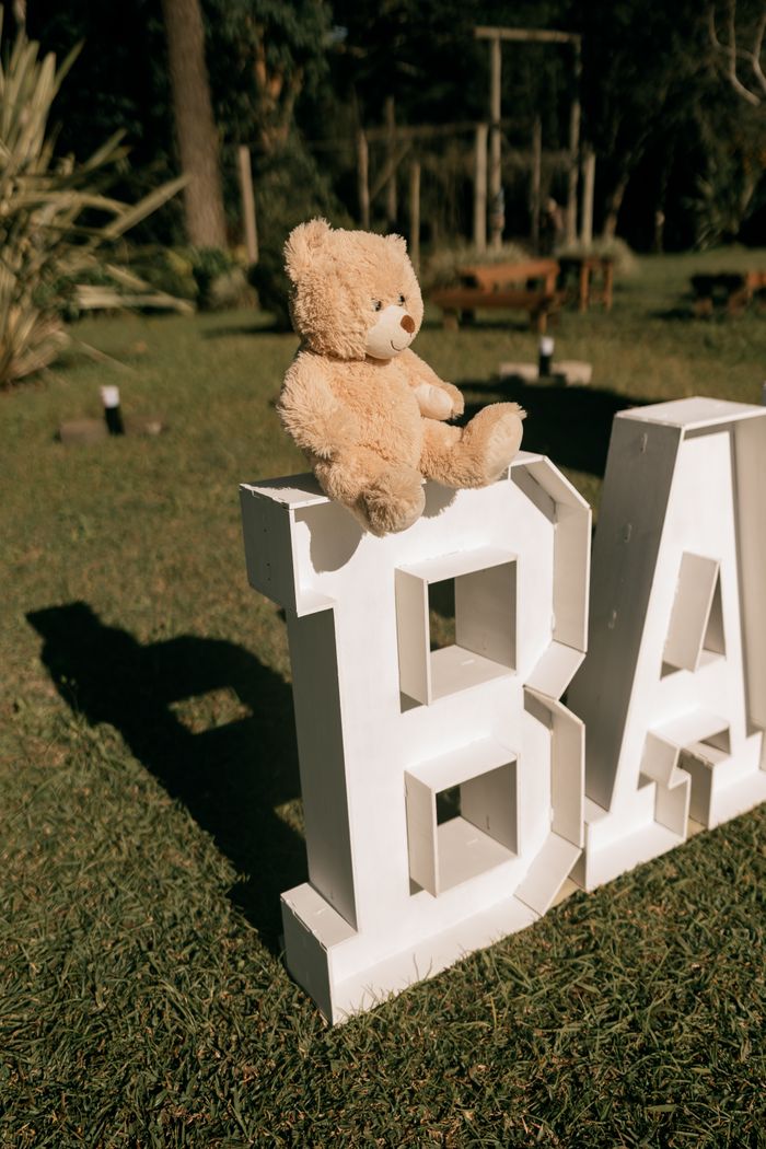 Services A charming teddy bear sitting on large white baby sign outdoors.